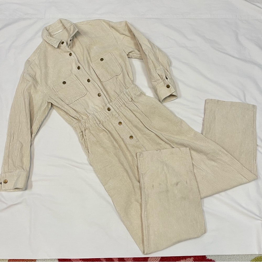 12th Tribe Jumpsuit Cream Corduroy-Like Snap front Collared Long Sleeve Medium